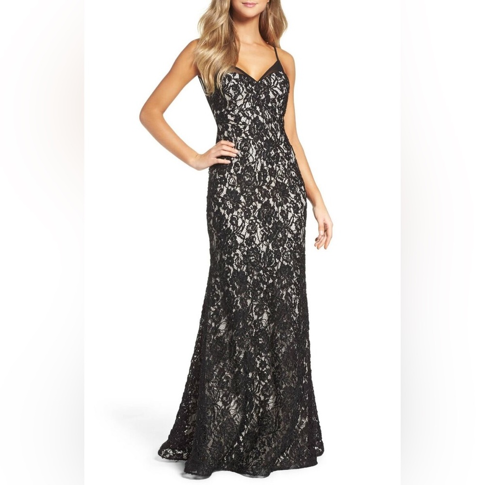 Xscape Lace Embroidered Slipdress Gown in Black/Nude [SZ 2 ]